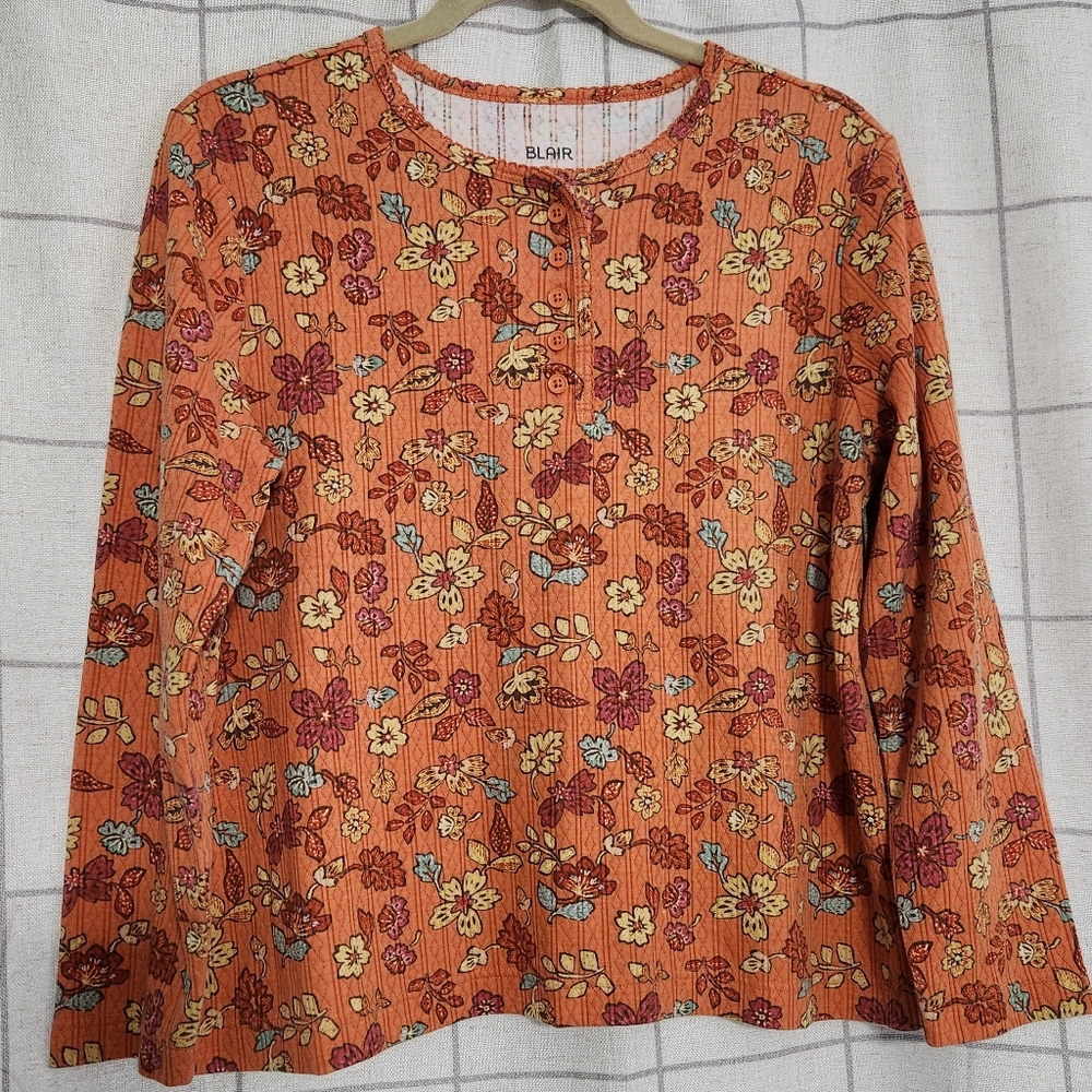 Blair Fall floral print long-sleeve pointelle henley top. 